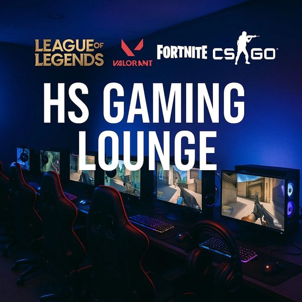 High school gaming lounge with popular game logos and setups.