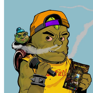 Cartoon character smoking with a smaller character on his shoulder, holding a card.