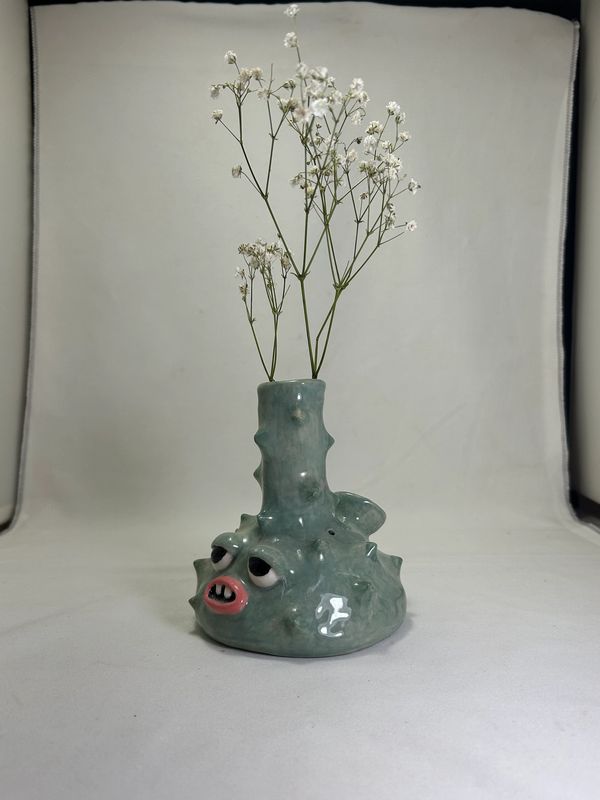 spik3y bong, white  stoneware, underglaze, clear glaze.