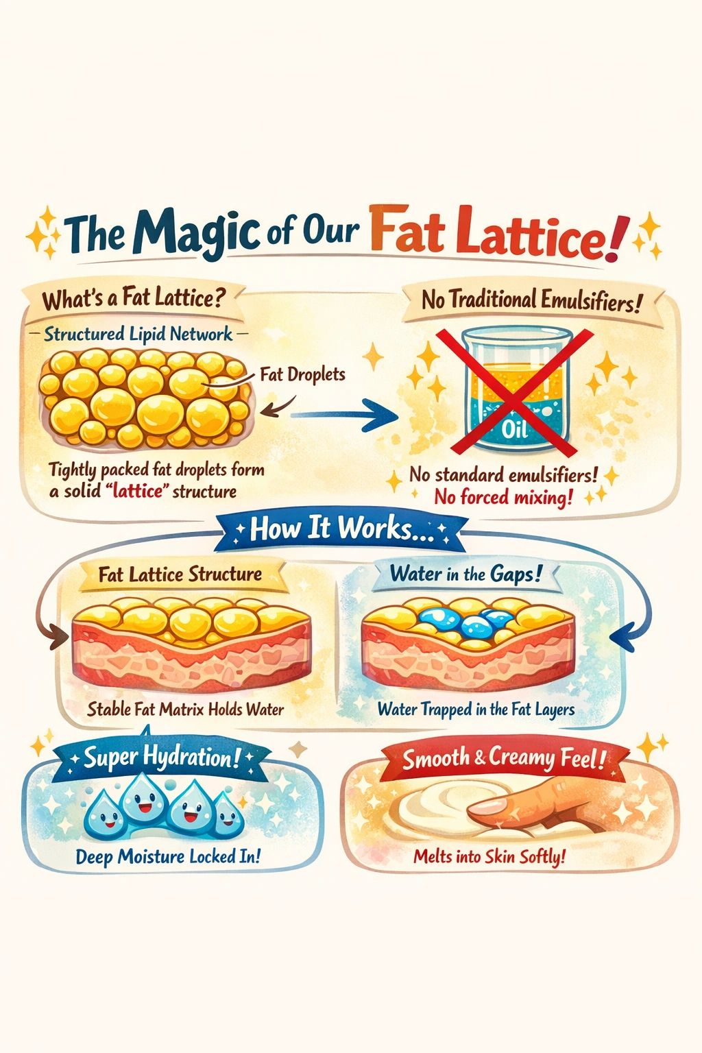our fat lattice of shea, mango, and cocoa butter w coconut oil traps microbeads of real rare fruit extract juice