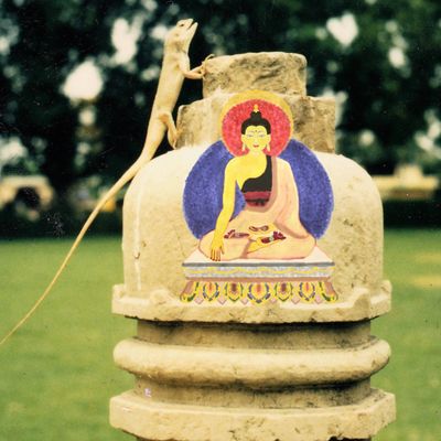 A woman painting on the statue