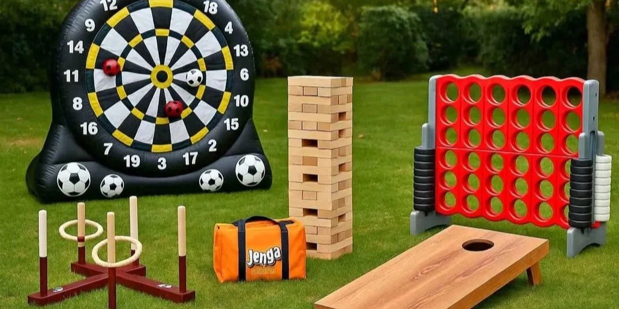 Outdoor lawn games including dartboard, Jenga, Connect Four, ring toss, and cornhole.