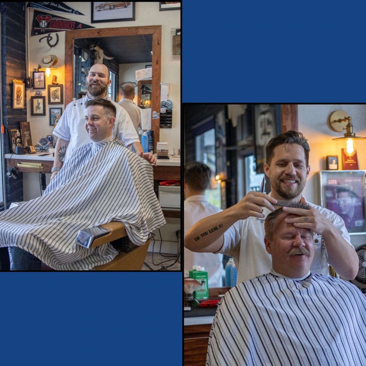 Two happy men getting haircuts in a cozy barbershop with friendly barbers.