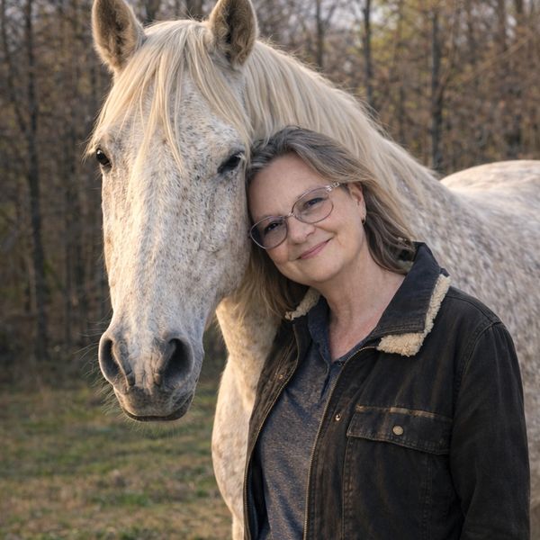 Woman smiling with a horse outdoors.