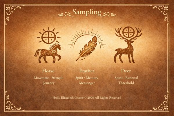 Symbols of horse, feather, and deer with meanings.