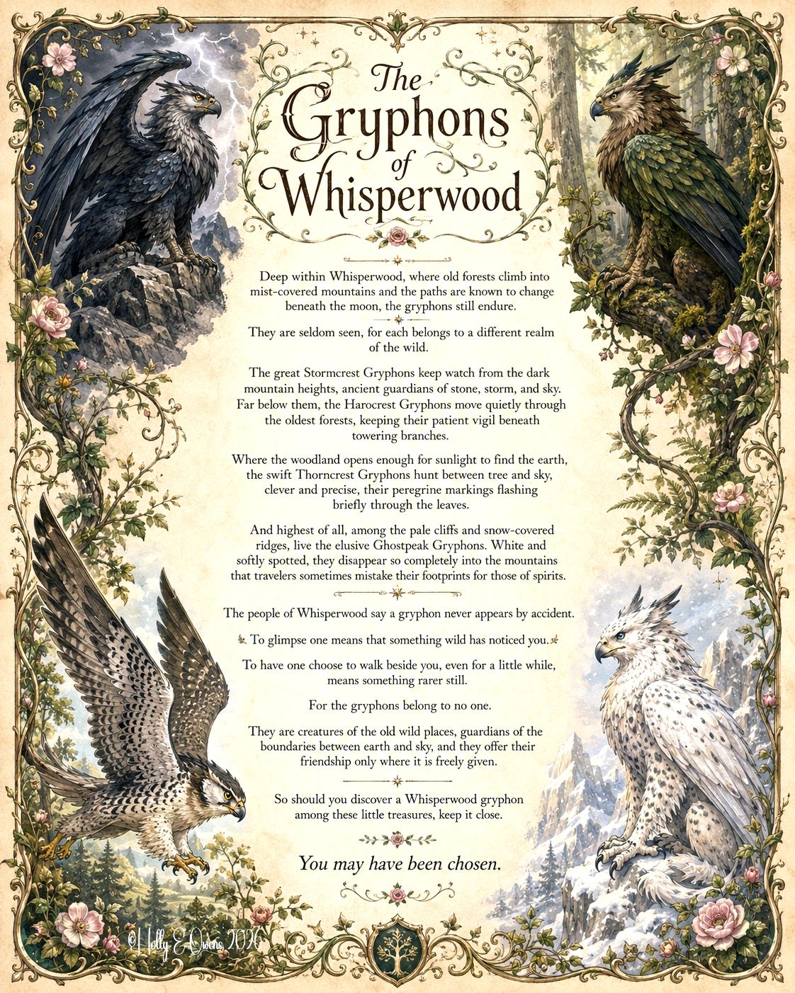 Illustrated lore poster about Whisperwood gryphons with detailed artwork.