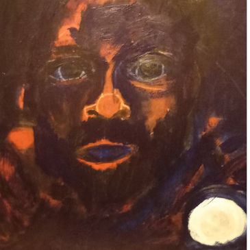 David Robert Holloway Hillis (DRHH) - acylic orange and black, man points in cave holding flashlight