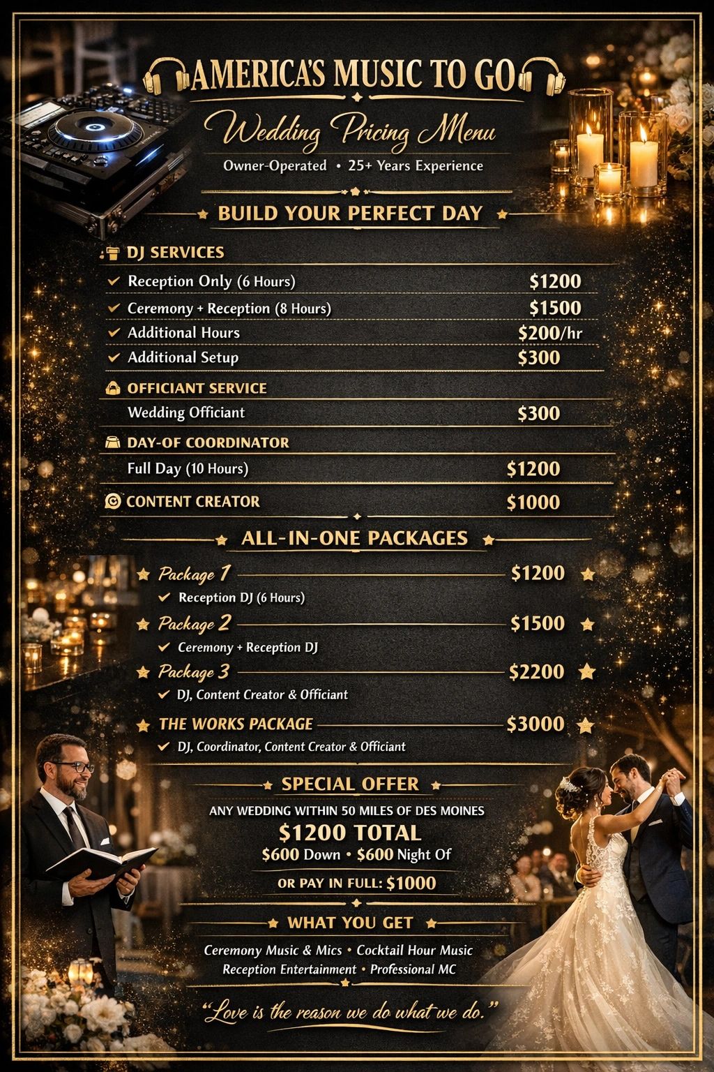 Wedding music and services pricing menu with various DJ and coordination packages.