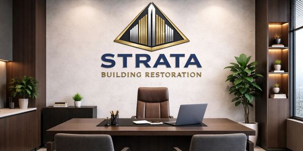 Modern office reception with STRATA Building Restoration logo on the wall.