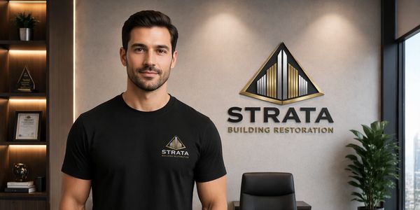 Man wearing a Strata Building Restoration t-shirt standing in a modern office.