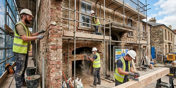 Construction workers restore a brick building using scaffolding and safety gear.