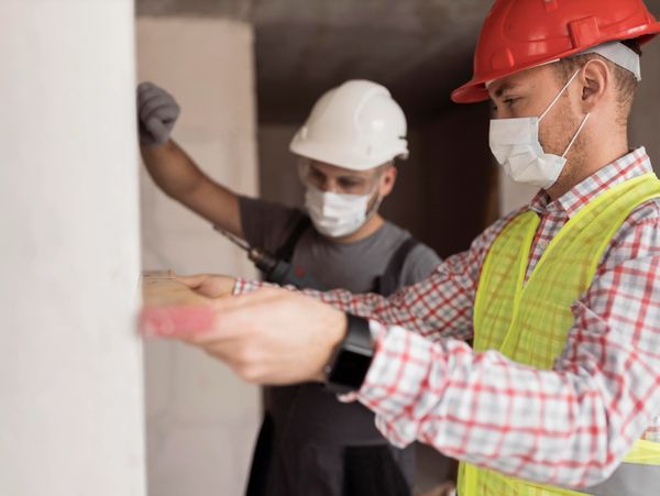 Two construction workers wearing masks and helmets measuring a wall.