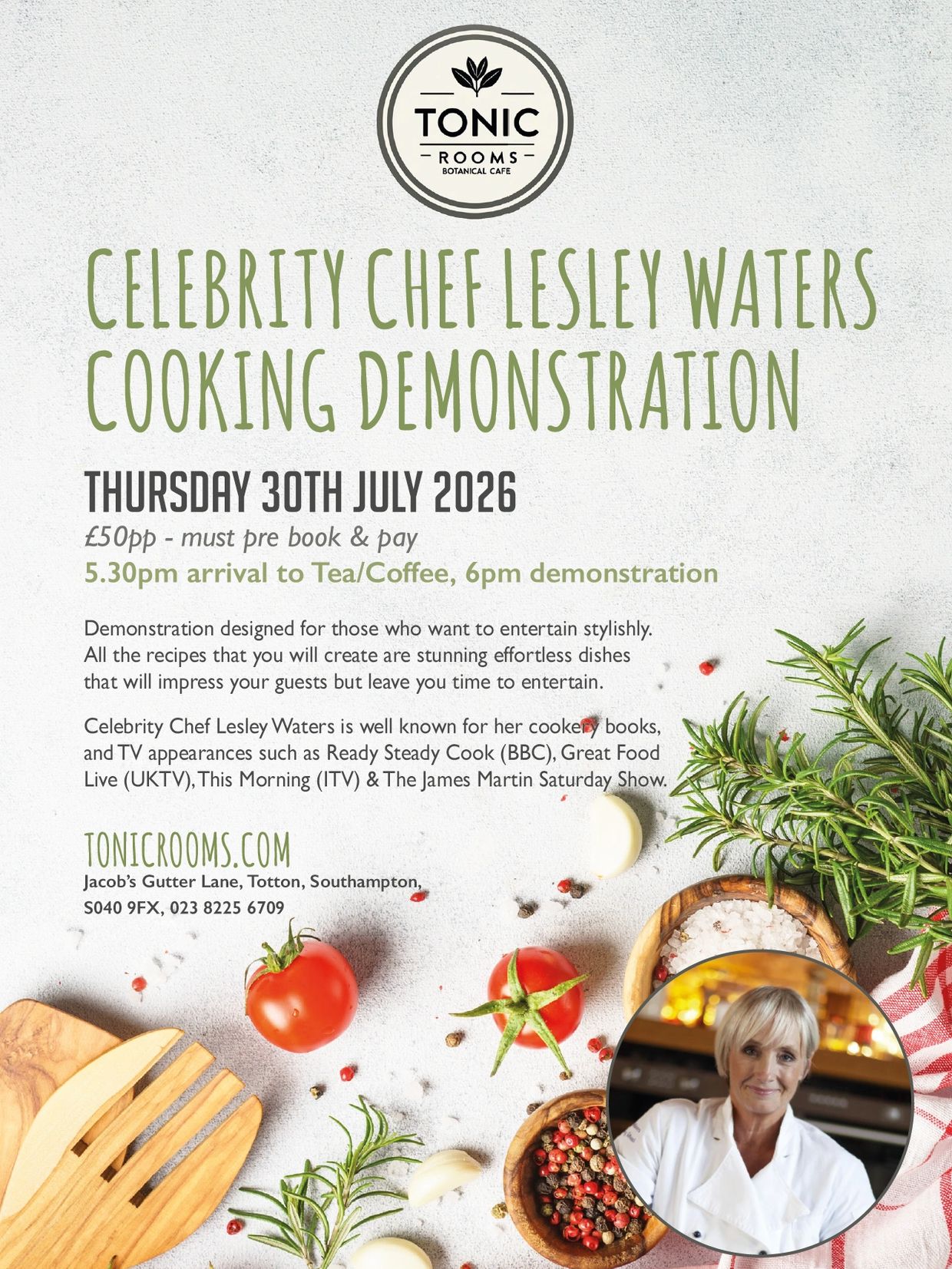 Celebrity Chef Lesley Waters cooking demonstration at Tonic Rooms on 30th July 2026.