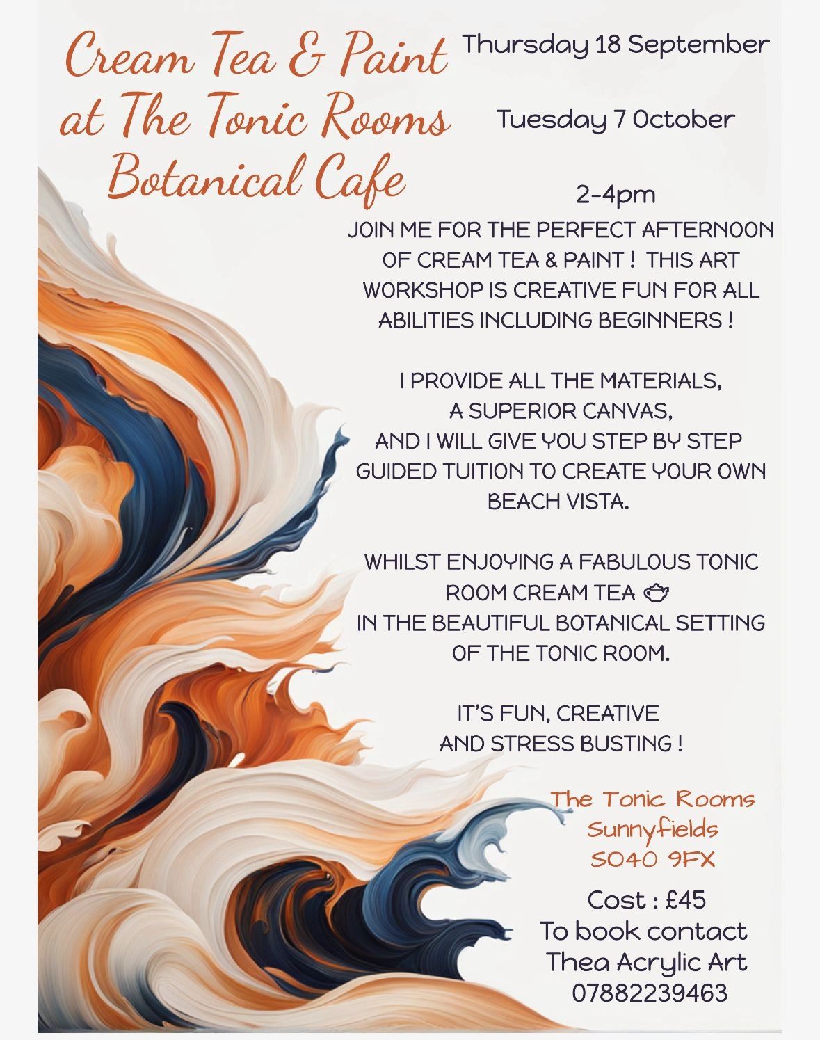 Cream Tea &amp; Paint workshop at The Tonic Rooms Botanical Cafe on 18 Sept and 7 Oct, 2-4pm.