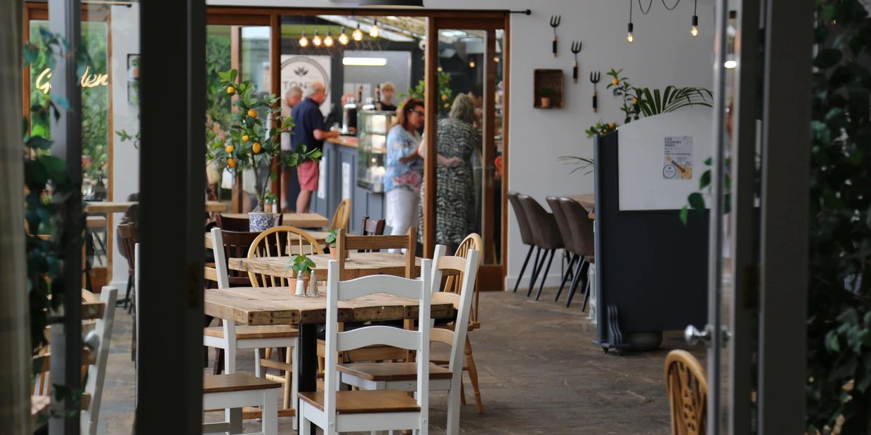 Cozy cafe interior with wooden tables and chairs, decorated with plants and warm lighting.