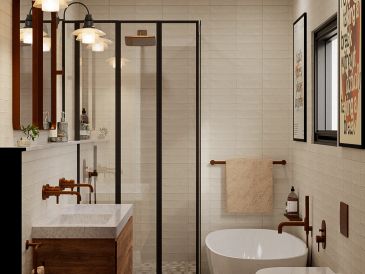 Modern bathroom with vintage elements and patterned floor tiles.
