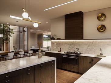 Modern luxury kitchen 3D render with marble countertops, custom dark cabinetry and lighting.