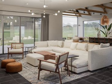 Modern living room with large beige sectional sofa and wooden accents.