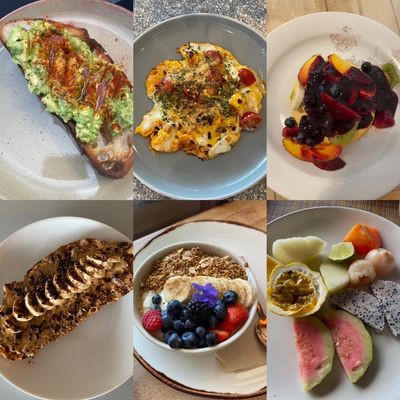 health foods breakfast ideas wellness fitness fruit protein avocado on toast almond butter