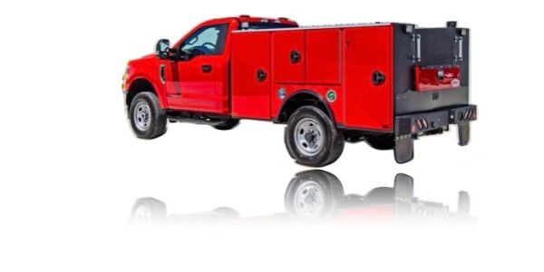 Red utility service truck with multiple compartments and reflective surface below.