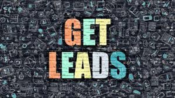 Colorful text 'GET LEADS' on a dark background with small icons.