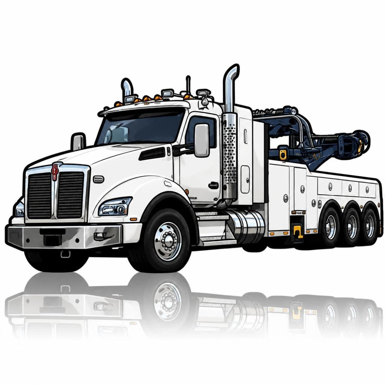 White heavy-duty tow truck with reflection.