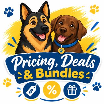 Two happy dogs with pricing and deals advertisement.