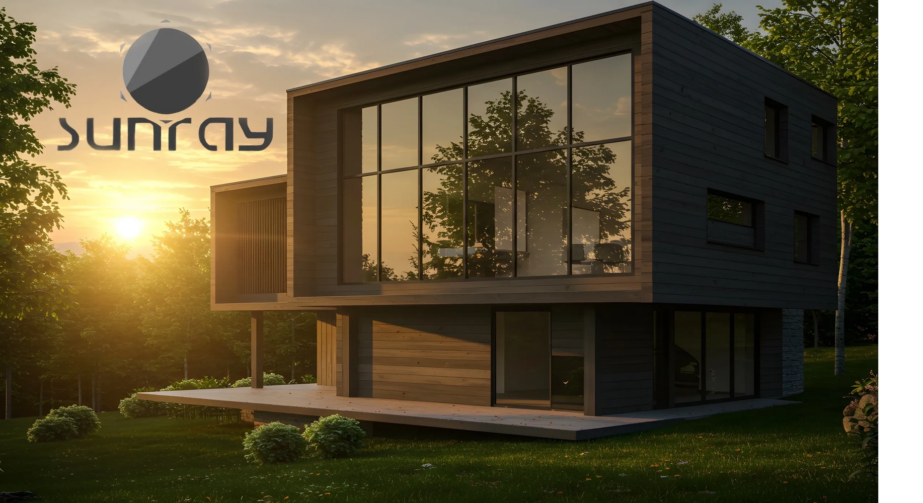 Modern wooden house at sunset with large glass windows reflecting trees.