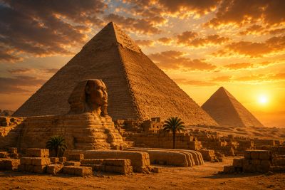 The Great Sphinx and pyramids bathed in a golden sunset in Egypt.