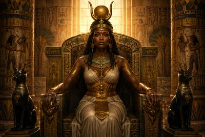 An Egyptian queen in regal attire seated on a throne with golden decor.