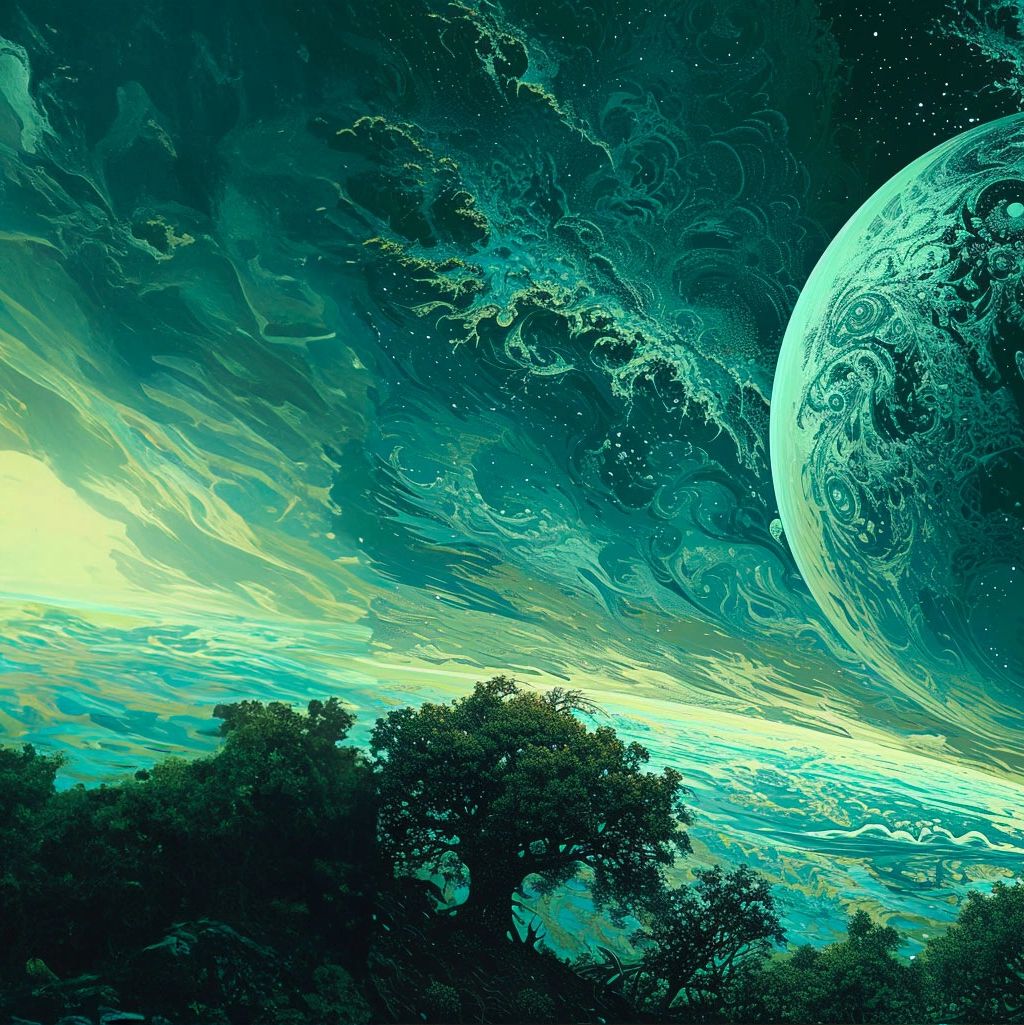 A surreal cosmic landscape with swirling skies and a planet above a forest.