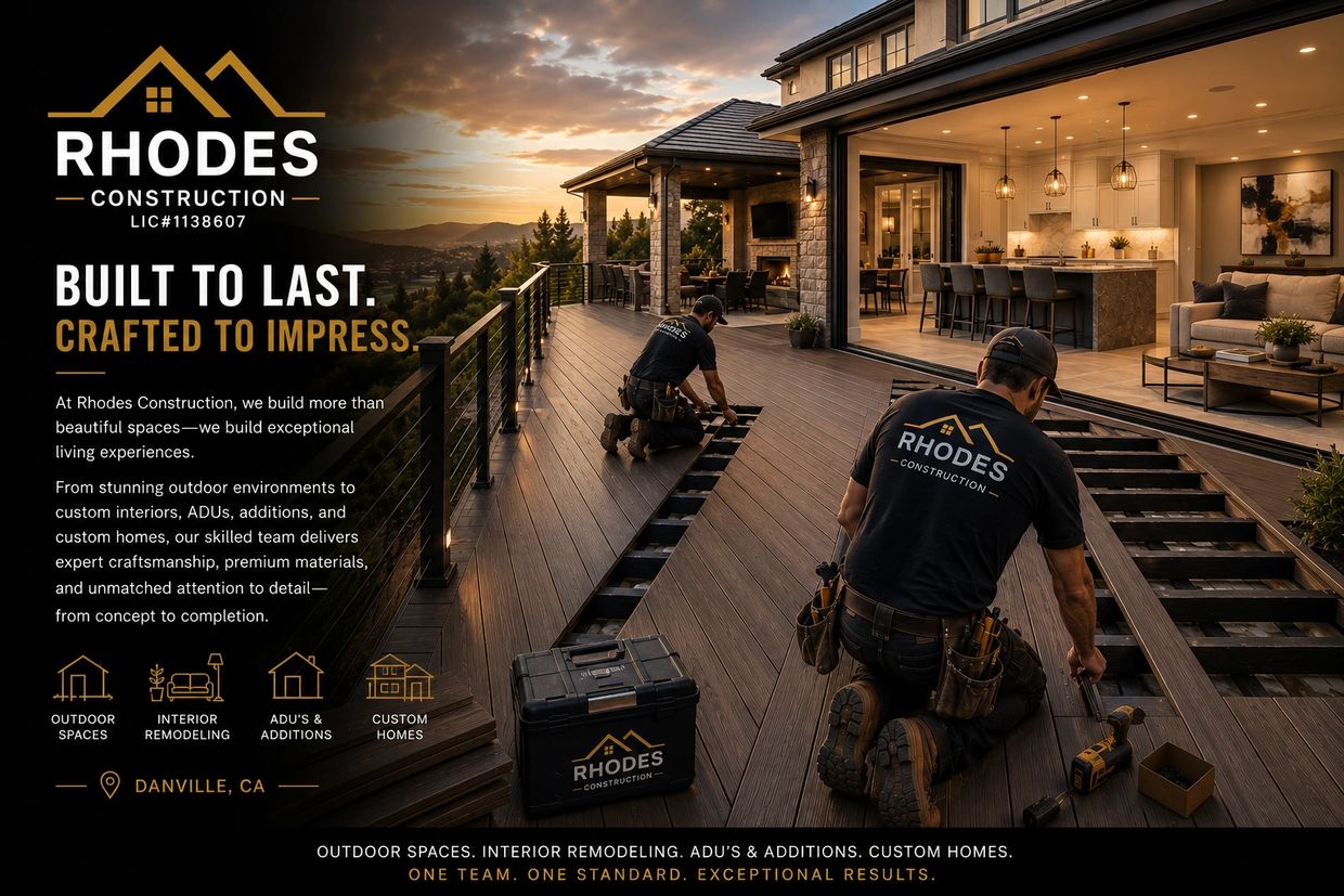 Skilled workers building a modern outdoor deck for a luxury home at sunset.