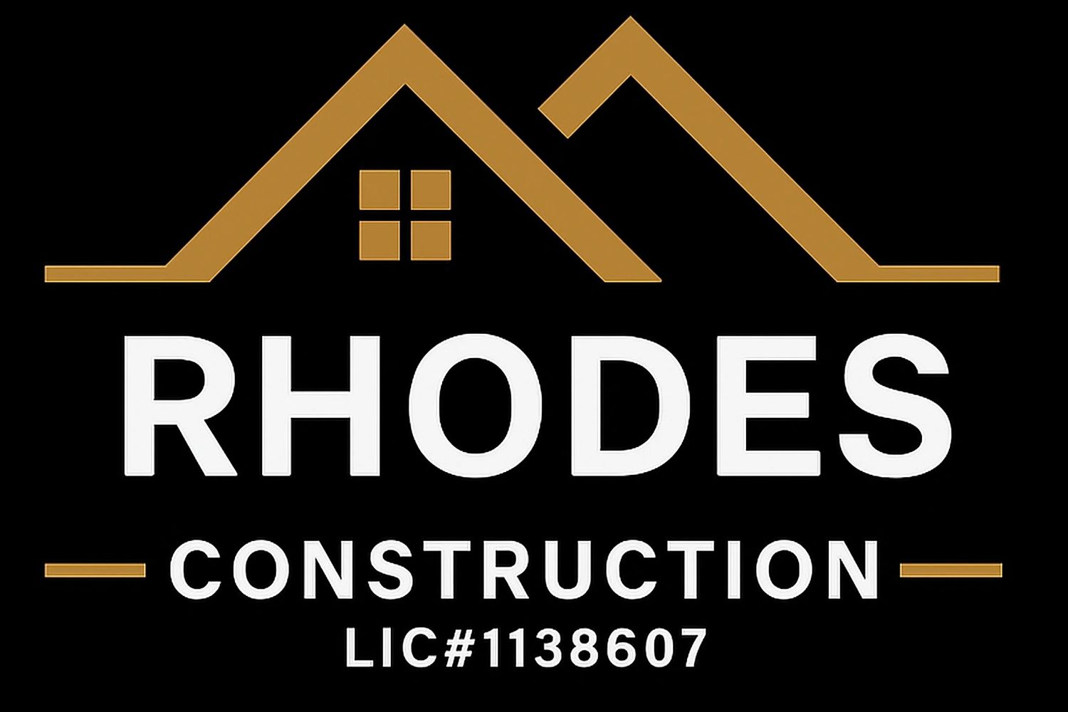Logo for Rhodes Construction featuring a house roof design and license number.