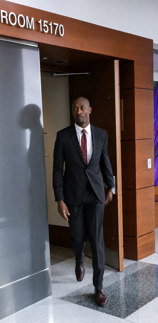 Man in black suit walking out of room 15170.