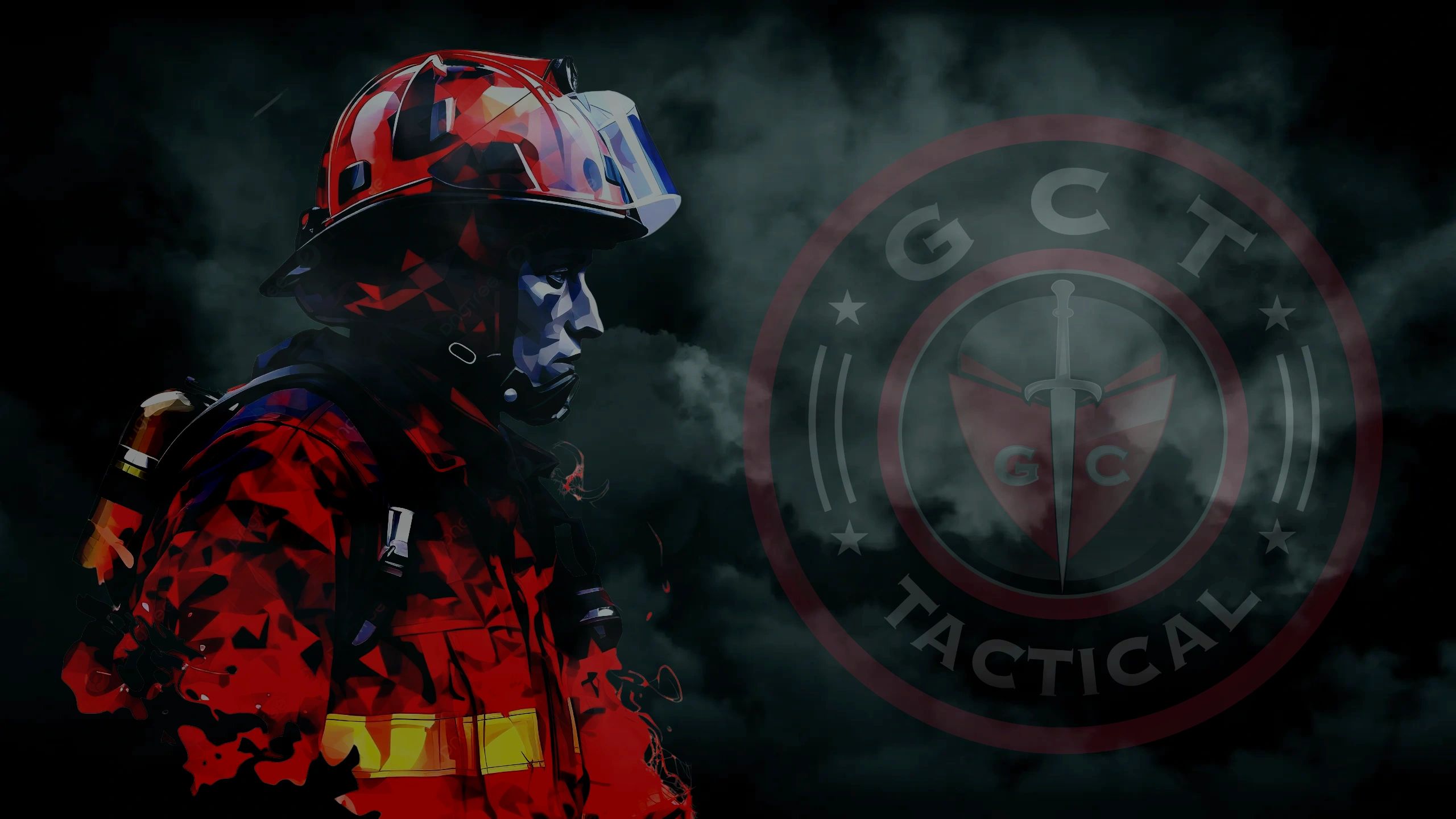 Profile of a firefighter in red gear against a smoky background with a tactical emblem.