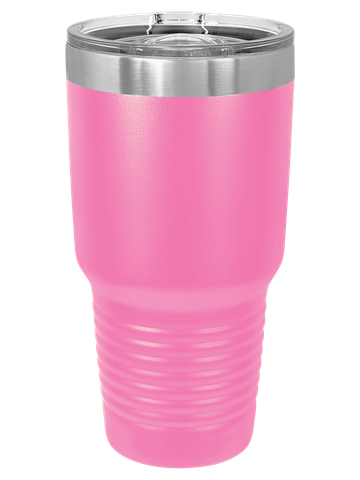 Pink insulated tumbler with clear lid and silver rim.
