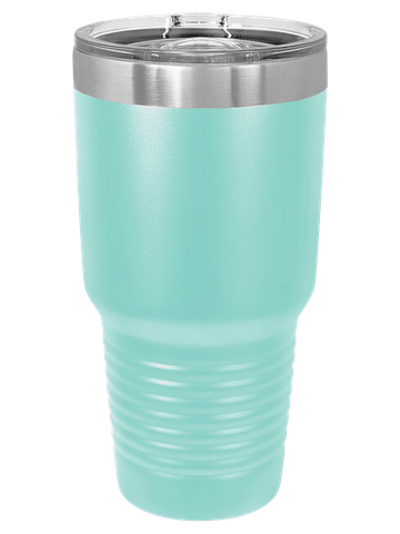 A turquoise insulated tumbler with a lid.