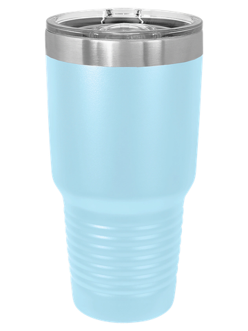 Light blue travel tumbler with clear lid.