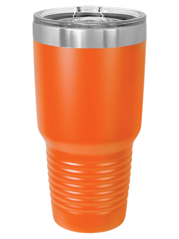 Orange insulated tumbler with clear lid.