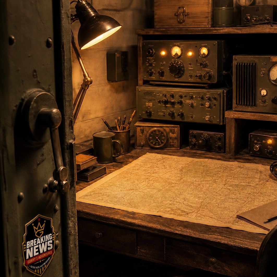 Warmly lit underground desk with analog radio equipment, map, and the Gunny’s Adventures Breaking Ne