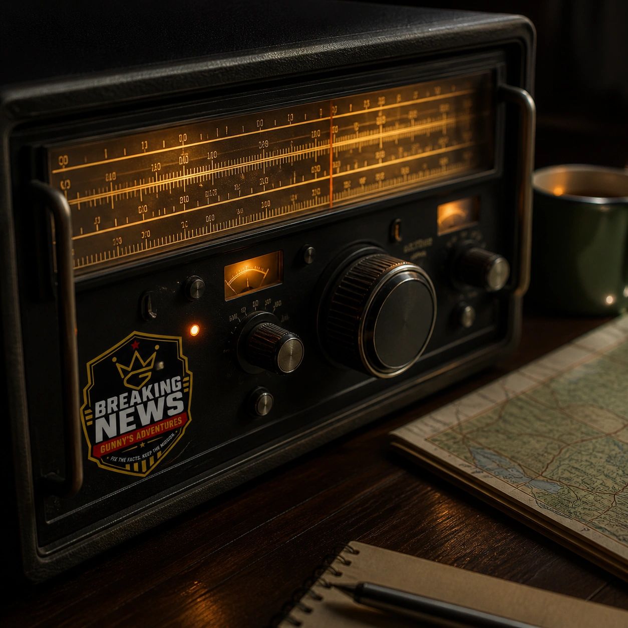Vintage shortwave radio with a glowing tuning dial, field map, and Gunny’s Adventures Breaking News 
