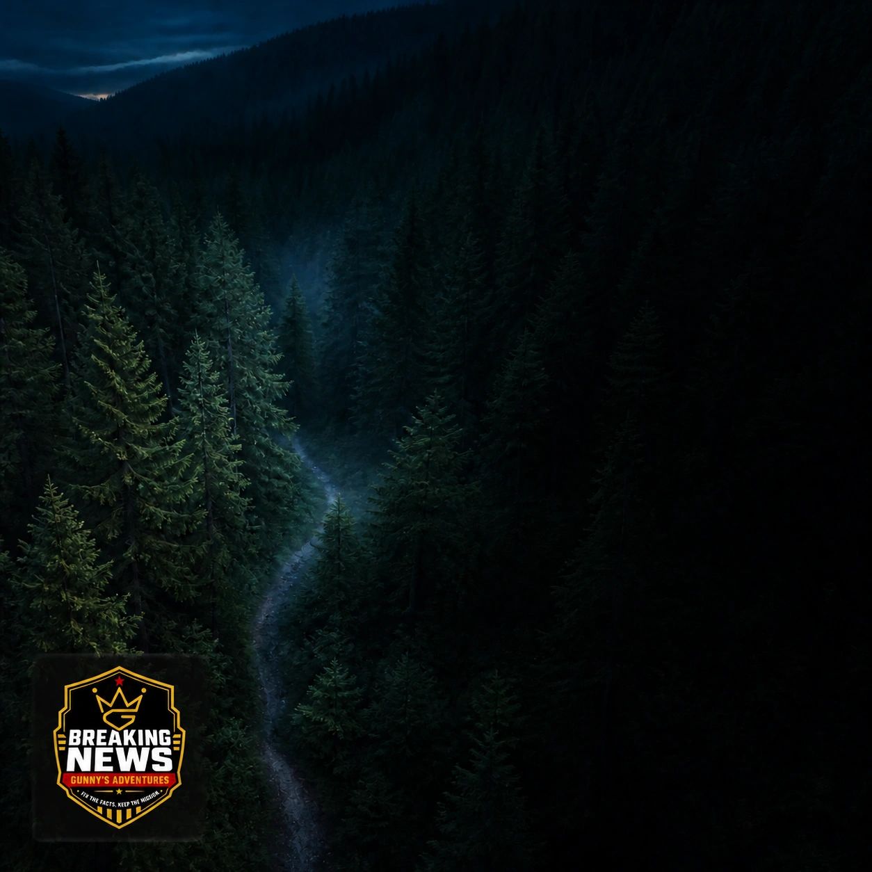 Moonlit evergreen forest trail with the Gunny’s Adventures Breaking News crest.