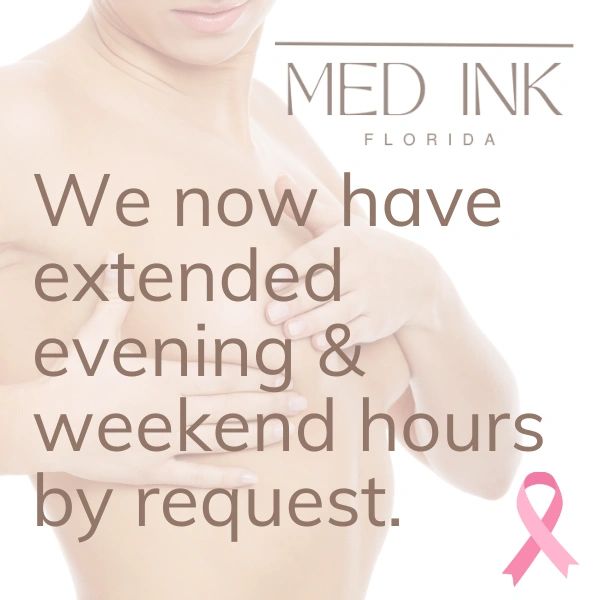 Woman with breast cancer ribbo showing extended and weekend hours for areola tattooing . 