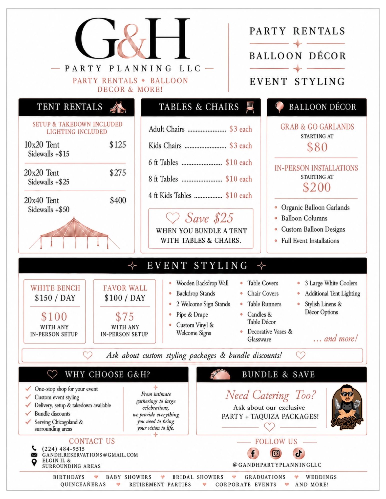 G&amp;H Party Planning offers tent rentals, tables, chairs, balloon décor, and event styling.