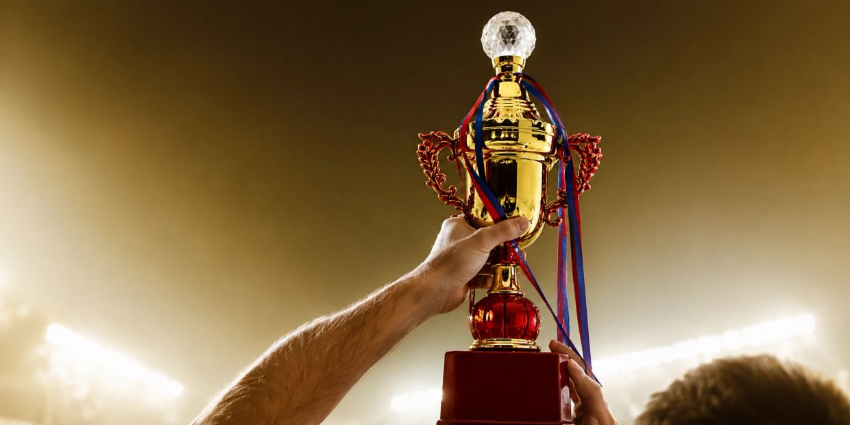Hands holding a golden trophy with ribbons.