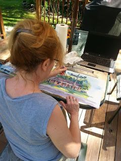 Marybeth working on watercolor home portrait