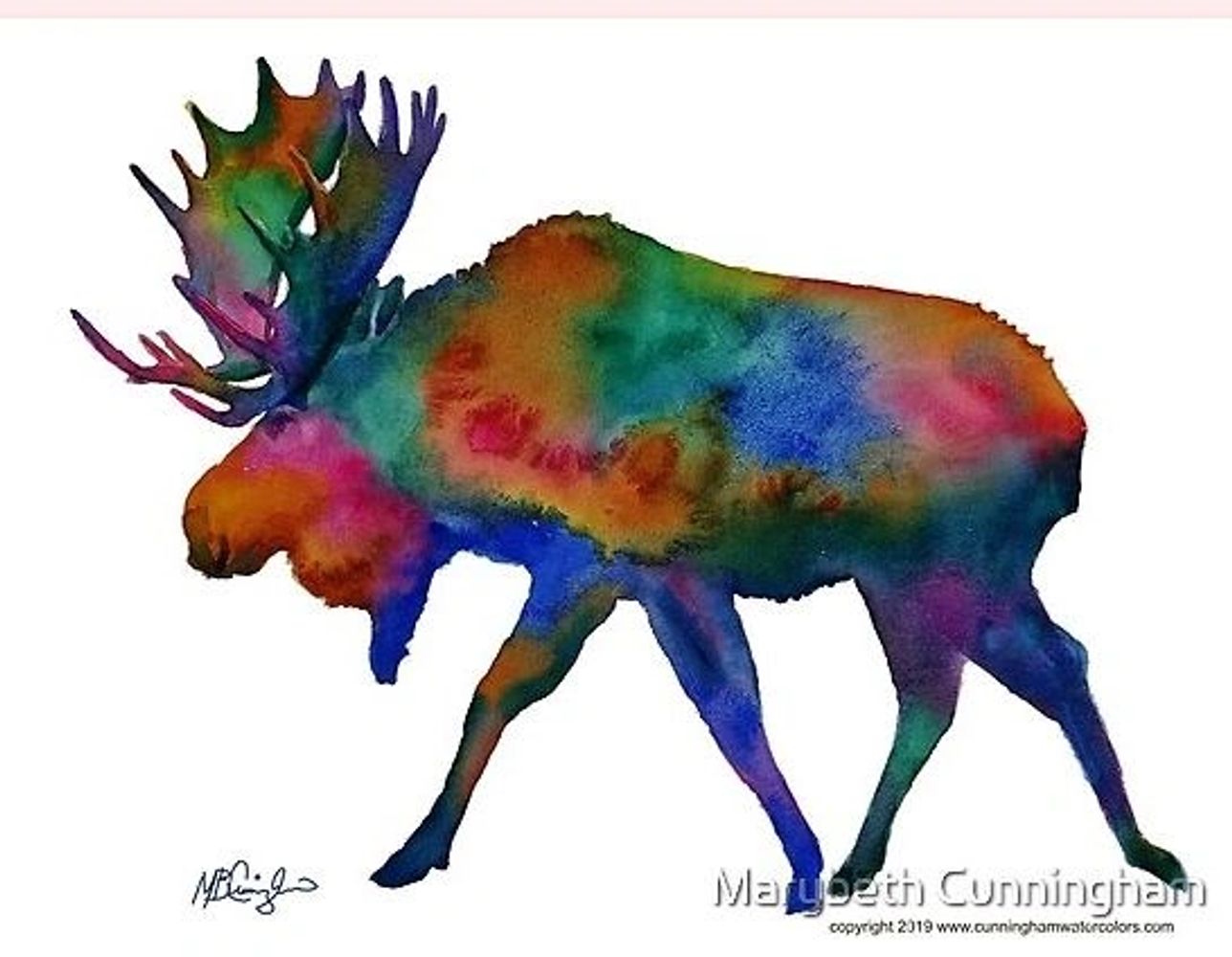 Watercolor painting of a moose in bright colors