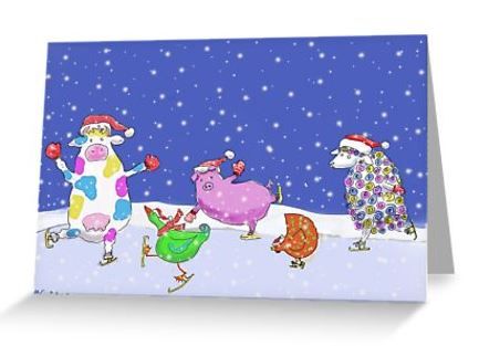 cute watercolor skating animals holiday card