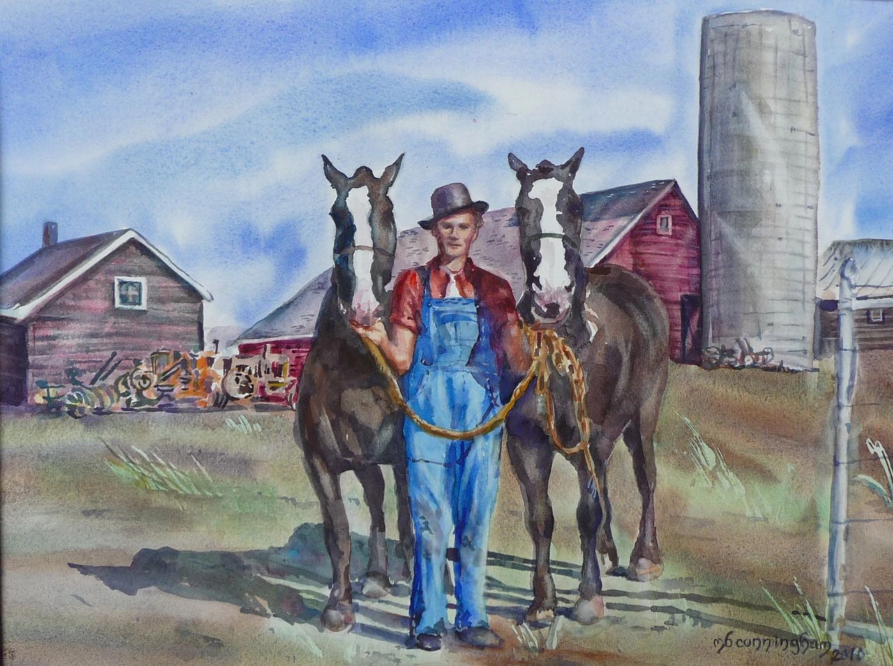 Watercolor portrait Man with horses