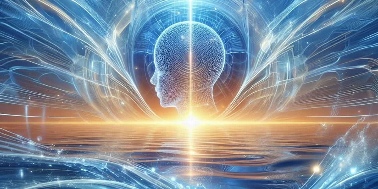 Digital human head surrounded by glowing light and water.